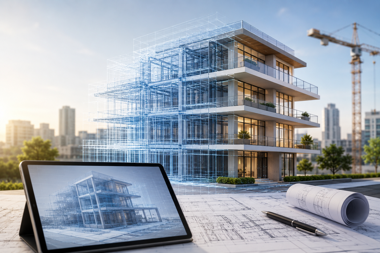Modello digitale BIM di un edificio moderno con workflow OpenBIM e interoperabilità tra software nel settore delle costruzioni.